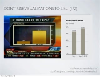 DON’T USE VISUALIZATIONS TO LIE... (1/2)




                                                     http://www.perceptualedge.com/
                              http://ﬂowingdata.com/category/statistics/mistaken-data/

Wednesday 17 October 12
 