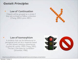 Gestalt Principles

          ¡        Law	
  of	
  	
  Continuation
                Objects will be grouped as a whole if
               they are co-linear, or follow a direction
                     (Chang, 2002; Lyons, 2001).




     ¡             Law	
  of	
  Isomorphism
            Is similarity that can be behavioural or
          perceptual, and can be a response based
             on the viewers previous experiences
           (Luchins & Luchins, 1999; Chang, 2002).
               This law is the basis for symbolism
                        (Schamber, 1986).


   http://www.slideshare.net/chelsc/gestalt-laws-and-design-presentation
Wednesday 17 October 12
 