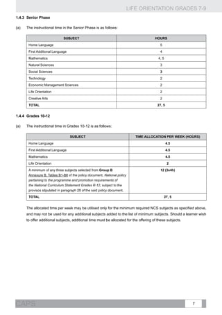 LIFE ORIENTATION GRADES 7-9
7CAPS
1.4.3	Senior Phase
(a)	 The instructional time in the Senior Phase is as follows:
SUBJECT HOURS
Home Language 5
First Additional Language 4
Mathematics 4, 5
Natural Sciences 3
Social Sciences 3
Technology 2
Economic Management Sciences 2
Life Orientation 2
Creative Arts 2
TOTAL 27, 5
1.4.4	 Grades 10-12
(a)	 The instructional time in Grades 10-12 is as follows:
Subject Time allocation per week (hours)
Home Language 4.5
First Additional Language 4.5
Mathematics 4.5
Life Orientation 2
A minimum of any three subjects selected from Group B
Annexure B, Tables B1-B8 of the policy document, National policy
pertaining to the programme and promotion requirements of
the National Curriculum Statement Grades R-12, subject to the
provisos stipulated in paragraph 28 of the said policy document.
12 (3x4h)
TOTAL 27, 5
	 The allocated time per week may be utilised only for the minimum required NCS subjects as specified above,
and may not be used for any additional subjects added to the list of minimum subjects. Should a learner wish
to offer additional subjects, additional time must be allocated for the offering of these subjects.
 