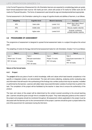 LIFE ORIENTATION GRADES 7-9
26 CURRICULUM AND ASSESSMENT POLICY STATEMENT (CAPS)
In the Formal Programme of Assessment for Life Orientation learners are expected to complete four tasks per grade.
Each formal assessment task must be 100 marks per term, which will consist of 70 marks for written work and 30
marks for Physical Education. The forms of assessment used should be age and developmental level appropriate.
Formal assessment in Life Orientation catering for a range of cognitive levels and abilities of learners, is as follows:
Weighting Cognitive level Bloom’s taxonomy Examples
40% lower order Levels 1  2
What? Why? Who? When?
Where? List
40% middle order Levels 3  4 Discuss, explain, describe
20% higher order Levels 5  6
Evaluate, synthesize,
critically evaluate, examine
4.4	 Programme of Assessment
The programme of assessment is designed to spread formal assessment tasks in a subject throughout the school
year.
The weighting of marks for the four internal formal assessment tasks for Life Orientation, Grades 7 to 9 is as follows:
Term 1 Term 2 Term 3 Term 4
Task 1
Written task: 70 marks
PET: 30 marks
Task 2
Mid-year examination:
70 marks
PET: 30 marks
Task 3
Project: 70 marks
PET: 30 marks
Task 4
End-of-year examination: 70
marks
PET: 30 marks
Nature of the formal tasks
4.4.1	Project
The project will be any piece of work in which knowledge, skills and values which lead towards competence in the
specific or integrated content, are demonstrated. The task will involve collecting, analysing and/or evaluating data
and information that will result in the synthesising of the findings into a written product that may be reported, modelled
or performed by the learners. Learners will collect data/ resources/information outside of contact time to perform the
task. The completion of the project will be facilitated by the teacher in class time to ensure the authenticity of the
product.
The topic and nature of the project will be determined by the content covered according to the annual teaching
plan. Learners should be given enough time to complete the project. They need adequate guidance at the outset of
the project and progress should be monitored throughout. All assessment criteria applicable to the project must be
discussed with the learners prior to the commencement of the project. Learners should be given a project before the
end of the second term for submission during the third term.
 