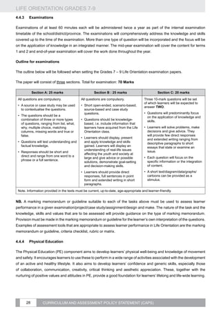 LIFE ORIENTATION GRADES 7-9
28 CURRICULUM AND ASSESSMENT POLICY STATEMENT (CAPS)
4.4.3	Examinations
Examinations of at least 60 minutes each will be administered twice a year as part of the internal examination
timetable of the school/district/province. The examinations will comprehensively address the knowledge and skills
covered up to the time of the examination. More than one type of question will be incorporated and the focus will be
on the application of knowledge in an integrated manner. The mid-year examination will cover the content for terms
1 and 2 and end-of-year examination will cover the work done throughout the year.
Outline for examinations
The outline below will be followed when setting the Grades 7 – 9 Life Orientation examination papers.
The paper will consist of three sections. Total for examination: 70 Marks
Section A: 25 marks Section B : 25 marks Section C: 20 marks
All questions are compulsory.
•	 A source or case study may be used
to contextualise the questions.
•	 The questions should be a
combination of three or more types
of questions, ranging from list, what,
why, multiple choice, matching
columns, missing words and true or
false.
•	 Questions will test understanding and
factual knowledge.
•	 Responses should be short and
direct and range from one word to a
phrase or a full sentence.
All questions are compulsory.
•	 Short open-ended, scenario-based,
source-based and case study
questions.
•	 Questions should be knowledge-
based, i.e. include information that
learners have acquired from the Life
Orientation class.
•	 Learners should display, present
and apply knowledge and skills
gained. Learners will display an
understanding of real-life issues
affecting the youth and society at
large and give advice or possible
solutions, demonstrate goal-setting
and decision-making skills.
•	 Learners should provide direct
responses, full sentences in point
form and extended writing in short
paragraphs.
Three 10-mark questions will be set
of which learners will be expected to
answer TWO.
•	 Questions will predominantly focus
on the application of knowledge and
skills.
•	 Learners will solve problems, make
decisions and give advice. They
will provide few direct responses
and extended writing ranging from
descriptive paragraphs to short
essays that state or examine an
issue.
•	 Each question will focus on the
specific information or the integration
of content.
•	 A short text/diagram/data/graphs/
cartoons can be provided as a
stimulus.
Note. Information provided in the texts must be current, up-to-date, age-appropriate and learner-friendly.
NB. A marking memorandum or guideline suitable to each of the tasks above must be used to assess learner
performance in a given examination/project/case study/assignment/design and make. The nature of the task and the
knowledge, skills and values that are to be assessed will provide guidance on the type of marking memorandum.
Provision must be made in the marking memorandum or guideline for the learner’s own interpretation of the questions.
Examples of assessment tools that are appropriate to assess learner performance in Life Orientation are the marking
memorandum or guideline, criteria checklist, rubric or matrix.
4.4.4	 Physical Education
The Physical Education (PE) component aims to develop learners’ physical well-being and knowledge of movement
and safety. It encourages learners to use these to perform in a wide range of activities associated with the development
of an active and healthy lifestyle. It also aims to develop learners’ confidence and generic skills, especially those
of collaboration, communication, creativity, critical thinking and aesthetic appreciation. These, together with the
nurturing of positive values and attitudes in PE, provide a good foundation for learners’ lifelong and life-wide learning.
 