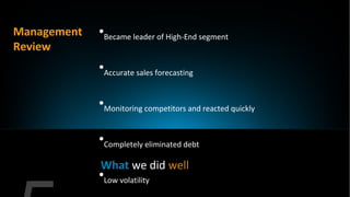 Management   •Became leader of High-End segment
Review
             •Accurate sales forecasting

             •Monitoring competitors and reacted quickly

             •Completely eliminated debt
             What we did well
             •Low volatility
 