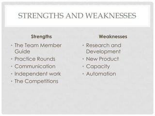 STRENGTHS AND WEAKNESSES

       Strengths          Weaknesses
• The Team Member    • Research and
  Guide                Development
• Practice Rounds    • New Product
• Communication      • Capacity
• Independent work   • Automation
• The Competitions
 