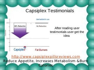 Capsiplex Testimonials


                          After reading user
                       testimonials user get the
                                 idea




   http://www.capsiplexpillsreviews.com
Reduce Appetite, Increases Metabolism &Burn
                   Calories
 