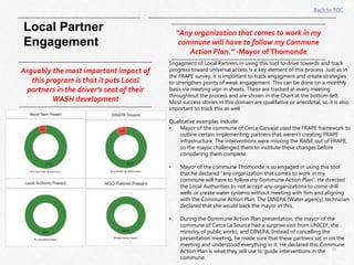 33|
Local Partner
Engagement
Back to TOC
“Any organization that comes to work in my
commune will have to follow my Commune
Action Plan.” -Mayor ofThomonde
Arguably the most important impact of
this program is that it puts Local
partners in the driver’s seat of their
WASH development
Engagment of Local Partners in using this tool to drive towards and track
progress toward universal access is a key element of this process. Just as in
the FRAPE survey, it is important to track engagment and create strategies
to strengthen points of weak engagement. This can be done on a monthly
basis via meeting sign in sheets. These are tracked at every meeting
throughtout the process and are shown in the Chart at the bottom-left.
Most success stories in this domain are qualitative or anecdotal, so it is also
important to track this as well
Qualitative examples include:
• Mayor of the commune of Cerca Carvajal used the FRAPE framework to
outline certain implementing partners that weren’t creating FRAPE
infrastructure. The interventions were missing the RA&E out of FRAPE,
so the mayor challenged them to institute these changes before
considering them complete.
• Mayor of the commune Thomonde is so engaged in using this tool
that he declared “any organization that comes to work in my
commune will have to follow my Commune Action Plan”. He directed
the Local Authorities to not accept any organizations to come drill
wells or create water systems without meeting with him and aligning
with the Commune Action Plan. The DINEPA (Water agency) technician
declared that she would back the mayor in this.
• During the Commune Action Plan presentation, the mayor of the
commune of Cerca La Source had a surprise visit from UNICEF, the
ministry of public works, and DINEPA. Instead of cancelling the
presentation meeting, he made sure that these partners sat in on the
meeting and understood everything in it. He declared this Commune
Action Plan is what they will use to guide interventions in the
commune.
 