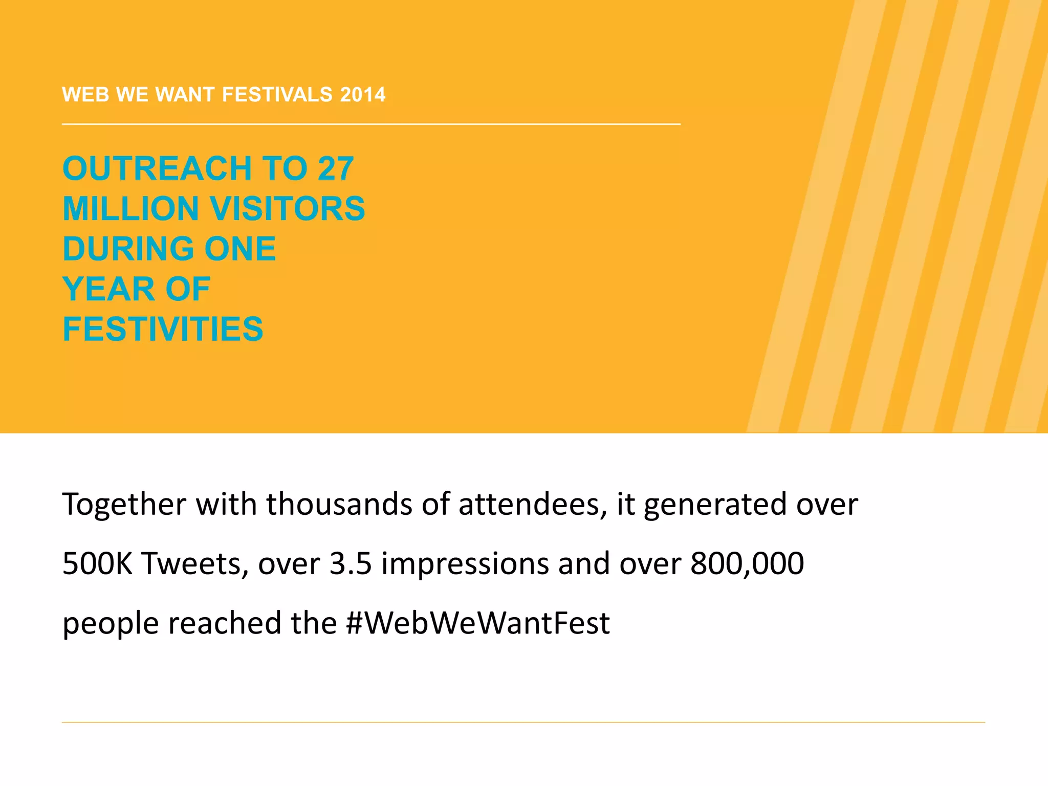 Together with thousands of attendees, it generated over
500K Tweets, over 3.5 impressions and over 800,000
people reached the #WebWeWantFest
OUTREACH TO 27
MILLION VISITORS
DURING ONE
YEAR OF
FESTIVITIES
WEB WE WANT FESTIVALS 2014
WEB WE
WANT
WWW.WEBWEWANT.ORG
 