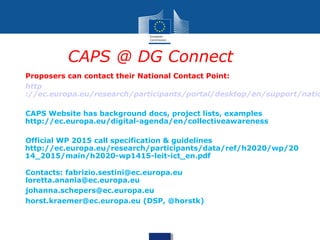 CAPS @ DG Connect
Proposers can contact their National Contact Point:
http
://ec.europa.eu/research/participants/portal/desktop/en/support/natio
CAPS Website has background docs, project lists, examples
http://ec.europa.eu/digital-agenda/en/collectiveawareness
Official WP 2015 call specification & guidelines
http://ec.europa.eu/research/participants/data/ref/h2020/wp/20
14_2015/main/h2020-wp1415-leit-ict_en.pdf
Contacts: fabrizio.sestini@ec.europa.eu
loretta.anania@ec.europa.eu
johanna.schepers@ec.europa.eu
horst.kraemer@ec.europa.eu (DSP, @horstk)
 