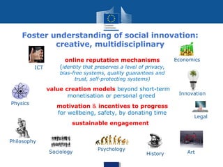 Foster understanding of social innovation:
creative, multidisciplinary
Legal
Physics
Sociology
Innovation
Economics
Art
Psychology
Philosophy
History
ICT
• online reputation mechanisms
(identity that preserves a level of privacy,
bias-free systems, quality guarantees and
trust, self-protecting systems)
value creation models beyond short-term
monetisation or personal greed
• motivation & incentives to progress
for wellbeing, safety, by donating time
• sustainable engagement
 