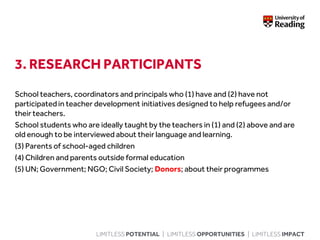 LIMITLESS POTENTIAL | LIMITLESS OPPORTUNITIES | LIMITLESS IMPACT
3. RESEARCH PARTICIPANTS
School teachers, coordinators and principals who (1) have and (2) have not
participatedin teacher development initiatives designed to help refugees and/or
their teachers.
School students who are ideally taught by the teachers in (1) and (2) above and are
old enough to be interviewed about their language and learning.
(3) Parents of school-aged children
(4) Children and parents outside formal education
(5) UN; Government; NGO; Civil Society; Donors; about their programmes
 
