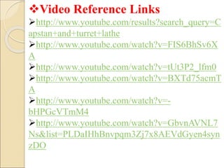 Video Reference Links
http://www.youtube.com/results?search_query=C
apstan+and+turret+lathe
http://www.youtube.com/watch?v=FIS6BhSv6X
A
http://www.youtube.com/watch?v=tUt3P2_lfm0
http://www.youtube.com/watch?v=BXTd75acmT
A
http://www.youtube.com/watch?v=-
bHPGcVTmM4
http://www.youtube.com/watch?v=GbvnAVNL7
Ns&list=PLDaIHhBnvpqm3Zj7x8AEVdGyen4syn
zDO
 