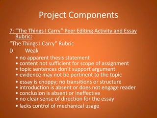 Project Components7: “The Things I Carry” Peer Editing Activity and Essay Rubric:“The Things I Carry” RubricD         Weak      	• no apparent thesis statement• content not sufficient for scope of assignment• topic sentences don’t support argument• evidence may not be pertinent to the topic	• essay is choppy; no transitions or structure• introduction is absent or does not engage reader • conclusion is absent or ineffective• no clear sense of direction for the essay	• lacks control of mechanical usage
