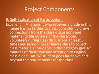 Project Components9: Self-Evaluation of Participation: Excellent	A 	Student who receives a grade in this range has no tardies to class, consistently draws connections from the class discussions and material to life outside of the classroom, volunteers during class discussions at least 5 times per session, never leaves class to collect class materials.  Students in this category give 47 minutes of their time and attention to English class alone.  An “A” student goes far above and beyond the requirements for the class. 