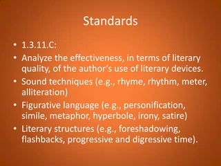 Standards1.3.11.C:Analyze the effectiveness, in terms of literary quality, of the author’s use of literary devices.Sound techniques (e.g., rhyme, rhythm, meter, alliteration)Figurative language (e.g., personification, simile, metaphor, hyperbole, irony, satire)Literary structures (e.g., foreshadowing, flashbacks, progressive and digressive time).