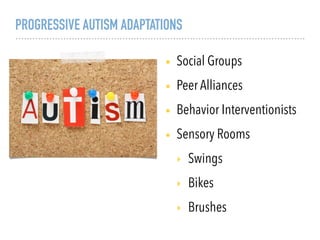 PROGRESSIVE AUTISM ADAPTATIONS
• Social Groups
• Peer Alliances
• Behavior Interventionists
• Sensory Rooms
‣ Swings
‣ Bikes
‣ Brushes
 