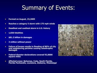 Summary of Events: Formed on August, 23,2005 Reaches a category 5 storm with 175 mph winds Deadliest and costliest storm in U.S. history 1,836 fatalities $81.2 billion in damages 3 million without power Failure of levees results in flooding of 80% of city and neighboring parishes causing catastrophic damages Federal disaster declarations covered 92,0000 square miles   Affected areas: Bahamas, Cuba, South Florida, Florida Panhandle, Louisiana, Alabama, Mississippi 