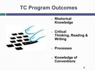 TC Program Outcomes
             Rhetorical
              Knowledge

             Critical
              Thinking, Reading &
              Writing

             Processes

             Knowledge of
              Conventions
 