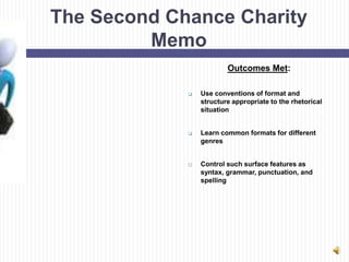 The Second Chance Charity
         Memo
                         Outcomes Met:

                Use conventions of format and
                 structure appropriate to the rhetorical
                 situation


                Learn common formats for different
                 genres


                Control such surface features as
                 syntax, grammar, punctuation, and
                 spelling
 