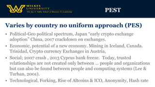 Varies by country no uniform approach (PES)
• Political-Geo political spectrum, Japan “early crypto exchange
adoption” China, 2017 crackdown on exchanges.
• Economic, potential of a new economy. Mining in Iceland, Canada.
Trinidad, Crypto currency Exchanges in Austria,
• Social; 2007 crash , 2013 Cyprus bank freeze. Today, trusted
relationships are not created only between … people and organizations
but can also be found between people and computing systems (Lee &
Turban, 2001).
• Technological, Forking, Rise of Altcoins & ICO, Anonymity, Hash rate
PEST
 