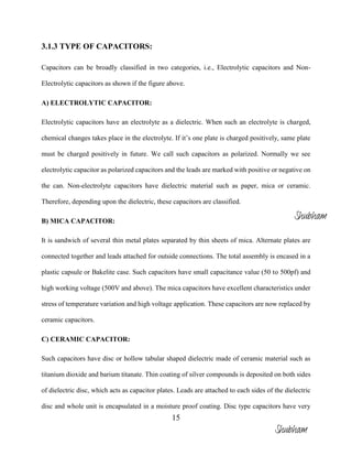 15
3.1.3 TYPE OF CAPACITORS:
Capacitors can be broadly classified in two categories, i.e., Electrolytic capacitors and Non-
Electrolytic capacitors as shown if the figure above.
A) ELECTROLYTIC CAPACITOR:
Electrolytic capacitors have an electrolyte as a dielectric. When such an electrolyte is charged,
chemical changes takes place in the electrolyte. If it’s one plate is charged positively, same plate
must be charged positively in future. We call such capacitors as polarized. Normally we see
electrolytic capacitor as polarized capacitors and the leads are marked with positive or negative on
the can. Non-electrolyte capacitors have dielectric material such as paper, mica or ceramic.
Therefore, depending upon the dielectric, these capacitors are classified.
B) MICA CAPACITOR:
It is sandwich of several thin metal plates separated by thin sheets of mica. Alternate plates are
connected together and leads attached for outside connections. The total assembly is encased in a
plastic capsule or Bakelite case. Such capacitors have small capacitance value (50 to 500pf) and
high working voltage (500V and above). The mica capacitors have excellent characteristics under
stress of temperature variation and high voltage application. These capacitors are now replaced by
ceramic capacitors.
C) CERAMIC CAPACITOR:
Such capacitors have disc or hollow tabular shaped dielectric made of ceramic material such as
titanium dioxide and barium titanate. Thin coating of silver compounds is deposited on both sides
of dielectric disc, which acts as capacitor plates. Leads are attached to each sides of the dielectric
disc and whole unit is encapsulated in a moisture proof coating. Disc type capacitors have very
Shubham
Shubham
 