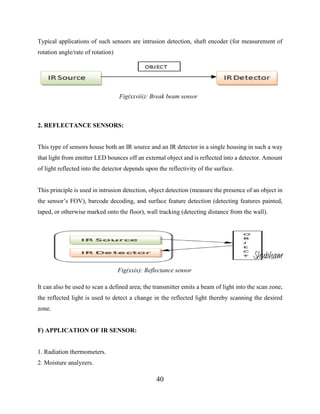 40
Typical applications of such sensors are intrusion detection, shaft encoder (for measurement of
rotation angle/rate of rotation)
Fig(xxviii): Break beam sensor
2. REFLECTANCE SENSORS:
This type of sensors house both an IR source and an IR detector in a single housing in such a way
that light from emitter LED bounces off an external object and is reflected into a detector. Amount
of light reflected into the detector depends upon the reflectivity of the surface.
This principle is used in intrusion detection, object detection (measure the presence of an object in
the sensor’s FOV), barcode decoding, and surface feature detection (detecting features painted,
taped, or otherwise marked onto the floor), wall tracking (detecting distance from the wall).
Fig(xxix): Reflectance sensor
It can also be used to scan a defined area; the transmitter emits a beam of light into the scan zone,
the reflected light is used to detect a change in the reflected light thereby scanning the desired
zone.
F) APPLICATION OF IR SENSOR:
1. Radiation thermometers.
2. Moisture analyzers.
Shubham
 