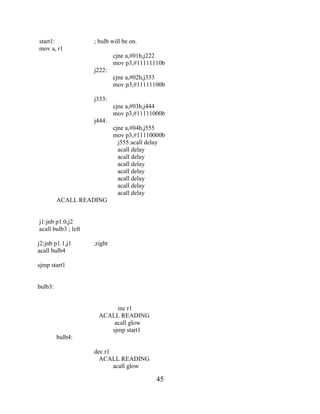 45
start1: ; bulb will be on.
mov a, r1
cjne a,#01h,j222
mov p3,#11111110b
j222:
cjne a,#02h,j333
mov p3,#11111100b
j333:
cjne a,#03h,j444
mov p3,#11111000b
j444:
cjne a,#04h,j555
mov p3,#11110000b
j555:acall delay
acall delay
acall delay
acall delay
acall delay
acall delay
acall delay
acall delay
ACALL READING
j1:jnb p1.0,j2
acall bulb3 ; left
j2:jnb p1.1,j1 ;right
acall bulb4
sjmp start1
bulb3:
inc r1
ACALL READING
acall glow
sjmp start1
bulb4:
dec r1
ACALL READING
acall glow
 
