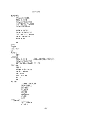 46
sjmp start1
READING:
ACALL LCDCLR
MOV A, #80H
ACALL COMMAND
MOV DPTR, #TABLE2
ACALL DISPLAY
MOV A, #0C0H
ACALL COMMAND
MOV DPTR, #TABLE4
ACALL DISPLAY
MOV A, R1
RET
glow:
clr p2.0
acall delay1
ret
WRITE
RET
LCDCLR:
MOV A, #01H ; CLEAR DISPLAY SCREEN
ACALL COMMAND
RET; DISPLAY DATA ON LCD
DISPLAY:
CLR A
MOVC A,@A+DPTR
ACALL WRITE
INC DPTR
JMP DISPLAY
NEXT:
RET
WRITE:
ACALL CHKBUSY
MOV LCD, A
SETB RS
CLR RW
SETB E
acall delay
CLR E
RET
COMMAND:
MOV LCD, A
CLR RS
 