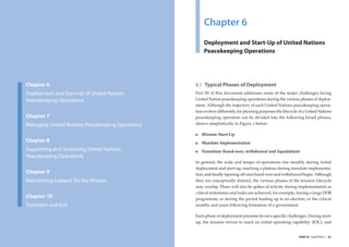 Chapter 6
                                                               Deployment and Start-Up of United Nations
                                                               Peacekeeping Operations




         Chapter 6                                         6.1 Typical Phases of Deployment
         Deployment and Start-Up of United Nations         Part III of this document addresses some of the major challenges facing
         Peacekeeping Operations                           United Nation peacekeeping operations during the various phases of deploy-
                                                           ment. Although the trajectory of each United Nations peacekeeping opera-
                                                           tion evolves differently, for planning purposes the lifecycle of a United Nations
         Chapter 7                                         peacekeeping operation can be divided into the following broad phases,
         Managing United Nations Peacekeeping Operations   shown simplistically in Figure 3 below:

                                                              Mission Start-Up
         Chapter 8                                            Mandate Implementation
         Supporting and Sustaining United Nations             Transition (hand-over, withdrawal and liquidation)
         Peacekeeping Operations
                                                           In general, the scale and tempo of operations rise steadily during initial
                                                           deployment and start-up, reaching a plateau during mandate implementa-
         Chapter 9                                         tion, and ﬁnally tapering off once hand-over and withdrawal begin. Although
         Maintaining Support for the Mission               they are conceptually distinct, the various phases of the mission lifecycle
                                                           may overlap. There will also be spikes of activity during implementation as
                                                           critical milestones and tasks are achieved, for example, during a large DDR
         Chapter 10                                        programme, or during the period leading up to an election, or the critical
         Transition and Exit                               months and years following formation of a government.

                                                           Each phase of deployment presents its own speciﬁc challenges. During start-
                                                           up, the mission strives to reach an initial operating capability (IOC), and


60   |   UNITED NATIONS PEACEKEEPING OPERATIONS                                                                         PART III CHAPTER 6   |   61
 