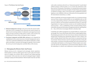 Figure 4 The Mission Start-Up Process                                                                          early weeks, sometimes referred to as a ‘honeymoon period,’ to push ahead
                                                                                                               political progress with the parties so as to sustain the momentum of the
                                                          Liaison Offices                    MHQs Offices      peace process. During this critical phase, it is essential that mission leaders
                                                                                                               and personnel adhere to the basic principles of United Nations peacekeeping,
                                                                                             MHQs Offices
                                                                                                               as outlined in Chapter 3 above, and actively seek to establish the mission’s
    Pre-               Rapid           Mission HQs     Overall Mission HQs                                     legitimacy and credibility in the eyes of the parties, the host population and
 Deployment          Deployment         Start-Up        IOC Established
                                                                                                               the international community, as a whole.
                                                                                              Field Offices

                                                                                                               Effective leadership and strong managerial skills are at a premium during
                                                           Logistics Hub                      Field Offices
                                                                                                               start-up. If basic systems and procedures are not established early on, this
 PRE-DEPLOYMENT                                                                                                can cause compounding confusion as the mission rapidly expands during
                 RAPID DEPLOYMENT                                                                              start-up. If effective and streamlined institutional processes to control the
                                    MISSION HQ & MANAGEMENT SYSTEMS START-UP                                   fragmentation of a large and diverse mission are not installed during the
                                                                            FUNCTIONAL/FIELD OFFICE START-UP   start-up period – such as establishing mission decision-making forums,
                                                                                                               information sharing and information management protocols, reporting lines,
         Mission headquarters start-up is the period when the mission leader-                                  etc. – they will become increasingly difﬁcult to introduce later.
         ship team arrives, managerial and command and control systems are
         formed and increasing numbers of substantive and support personnel                                    Leadership and conﬂict management are essential skills for a mission start-
         begin arriving in-mission to help achieve an IOC. It also involves the                                up manager. Few, if any, of the mission staff will have worked together before.
         establishment of liaison ofﬁces and logistics hubs, if required;                                      Peacekeeping personnel will come from diverse national and professional
                                                                                                               backgrounds (including from signiﬁcantly different civilian, military and
         Functional component and ﬁeld ofﬁce start-up occurs alongside the
                                                                                                               police working cultures) which may cause friction in a pressurized start-up
         establishment of the central structures of mission headquarters and in-
                                                                                                               environment. Internal tensions must be managed proactively, during the
         volves the coordinated establishment of the different substantive civilian,
                                                                                                               early months, to minimize misunderstandings and avoid resentments that
         police and military command and managerial capacities. It also involves
                                                                                                               could pollute staff relations over the long-term. Mission leaders must under-
         the start-up of sector headquarters and ﬁeld ofﬁces of the mission.
                                                                                                               score the need for all components to work towards shared objectives under
                                                                                                               the leadership of a cohesive and collaborative mission leadership team.

6.3 Managing the Mission Start–Up Process
Mission start-up can be a fast-paced and seemingly chaotic experience.
Small numbers of staff are pitted against time to put in place the founda-
tions of a complex, new mission, often in unknown and volatile operating
environments. At the same time, new staff and contingents begin to deploy
and begin scoping out initial operations. Mission leaders must also use these


64   |   UNITED NATIONS PEACEKEEPING OPERATIONS                                                                                                                            PART III CHAPTER 6   |   65
 