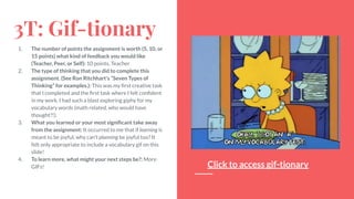 3T: Gif-tionary
1. The number of points the assignment is worth (5, 10, or
15 points) what kind of feedback you would like
(Teacher, Peer, or Self): 10 points, Teacher
2. The type of thinking that you did to complete this
assignment. (See Ron Ritchhart's “Seven Types of
Thinking” for examples.): This was my ﬁrst creative task
that I completed and the ﬁrst task where I felt conﬁdent
in my work. I had such a blast exploring giphy for my
vocabulary words (math related, who would have
thought?!).
3. What you learned or your most signiﬁcant take away
from the assignment: It occurred to me that if learning is
meant to be joyful, why can’t planning be joyful too? It
felt only appropriate to include a vocabulary gif on this
slide!
4. To learn more, what might your next steps be?: More
GIFs! Click to access gif-tionary
 