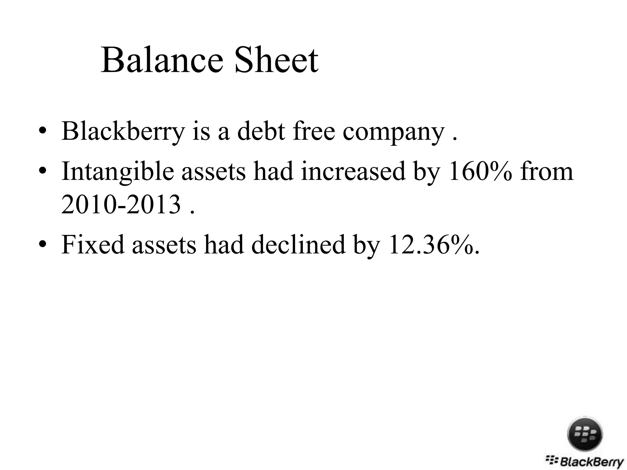 Balance Sheet
• Blackberry is a debt free company .
• Intangible assets had increased by 160% from
2010-2013 .
• Fixed assets had declined by 12.36%.
 