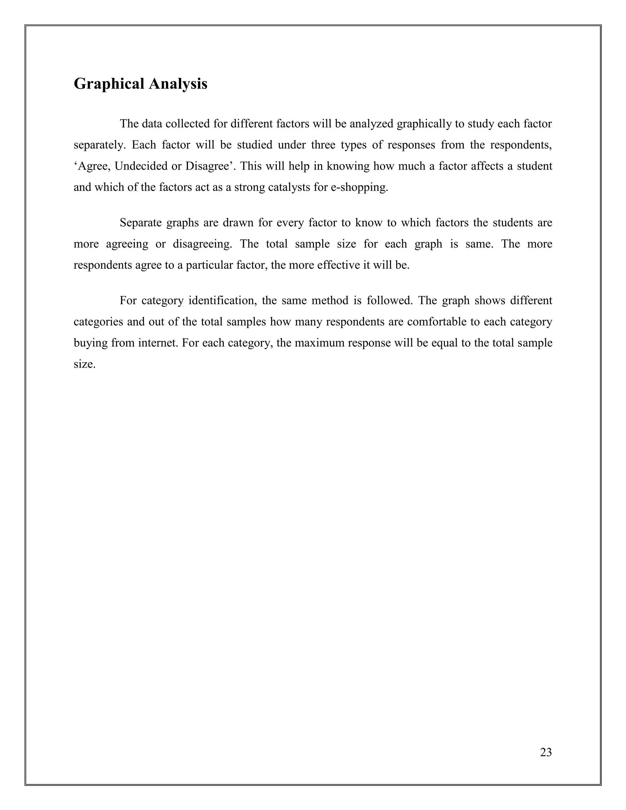 23
Graphical Analysis
The data collected for different factors will be analyzed graphically to study each factor
separately. Each factor will be studied under three types of responses from the respondents,
„Agree, Undecided or Disagree‟. This will help in knowing how much a factor affects a student
and which of the factors act as a strong catalysts for e-shopping.
Separate graphs are drawn for every factor to know to which factors the students are
more agreeing or disagreeing. The total sample size for each graph is same. The more
respondents agree to a particular factor, the more effective it will be.
For category identification, the same method is followed. The graph shows different
categories and out of the total samples how many respondents are comfortable to each category
buying from internet. For each category, the maximum response will be equal to the total sample
size.
 