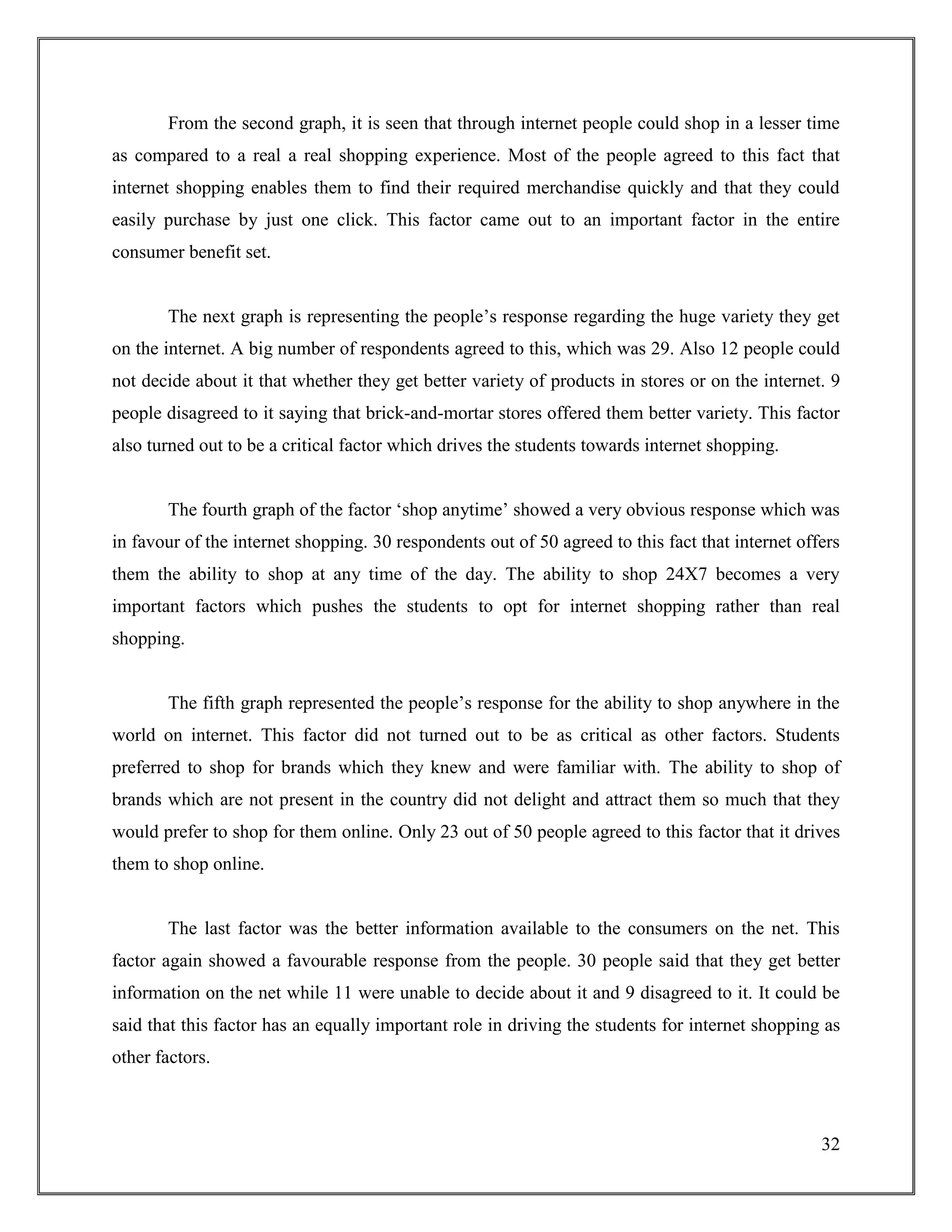 32
From the second graph, it is seen that through internet people could shop in a lesser time
as compared to a real a real shopping experience. Most of the people agreed to this fact that
internet shopping enables them to find their required merchandise quickly and that they could
easily purchase by just one click. This factor came out to an important factor in the entire
consumer benefit set.
The next graph is representing the people‟s response regarding the huge variety they get
on the internet. A big number of respondents agreed to this, which was 29. Also 12 people could
not decide about it that whether they get better variety of products in stores or on the internet. 9
people disagreed to it saying that brick-and-mortar stores offered them better variety. This factor
also turned out to be a critical factor which drives the students towards internet shopping.
The fourth graph of the factor „shop anytime‟ showed a very obvious response which was
in favour of the internet shopping. 30 respondents out of 50 agreed to this fact that internet offers
them the ability to shop at any time of the day. The ability to shop 24X7 becomes a very
important factors which pushes the students to opt for internet shopping rather than real
shopping.
The fifth graph represented the people‟s response for the ability to shop anywhere in the
world on internet. This factor did not turned out to be as critical as other factors. Students
preferred to shop for brands which they knew and were familiar with. The ability to shop of
brands which are not present in the country did not delight and attract them so much that they
would prefer to shop for them online. Only 23 out of 50 people agreed to this factor that it drives
them to shop online.
The last factor was the better information available to the consumers on the net. This
factor again showed a favourable response from the people. 30 people said that they get better
information on the net while 11 were unable to decide about it and 9 disagreed to it. It could be
said that this factor has an equally important role in driving the students for internet shopping as
other factors.
 