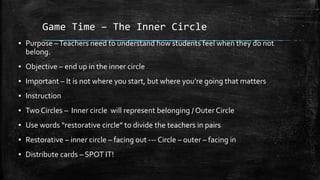 Game Time – The Inner Circle
▪ Purpose –Teachers need to understand how students feel when they do not
belong.
▪ Objective – end up in the inner circle
▪ Important – It is not where you start, but where you’re going that matters
▪ Instruction
▪ Two Circles – Inner circle will represent belonging / Outer Circle
▪ Use words “restorative circle” to divide the teachers in pairs
▪ Restorative – inner circle – facing out --- Circle – outer – facing in
▪ Distribute cards – SPOT IT!
 