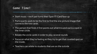 Game Time!
▪ Start music – each pair turns their Spot IT! Card face up
▪ Participants work to be the first to find the one picture image that
connects the two cards.
▪ The person that finds it first points out what it is and earns a spot in
the inner circle.
▪ Rotate the circle cards in order to play several rounds
▪ Focus on what they’re feeling as they try to get that coveted spot on
the inside.
▪ Teachers can relate to students that are on the outside
 