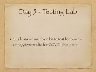 Day 5 - Testing Lab
Students will use toxin kit to test for positive
or negative results for COVID-19 patients.
 