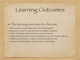 Learning Outcomes
The learning outcomes for this unit:
• Solve a problem using analytical and critical thinking skills.
• Design and conduct an experiment that investigates a question.
• Collect and analyze medical evidence to draw conclusions.
• Analyze health and disease data to identify the source of a disease outbreak.
• Collaborate effectively on a diverse and multi-disciplinary team.
• Communicate effectively for speciﬁc purposes and settings.
 
