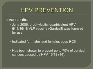 HPV PREVENTIONVaccinationJune 2006: prophylactic, quadrivalent HPV 6/11/16/18 VLP vaccine (Gardasil) was licensed for useIndicated for males and females ages 9-26Has been shown to prevent up to 70% of cervical cancers caused by HPV 16/18 (14). 