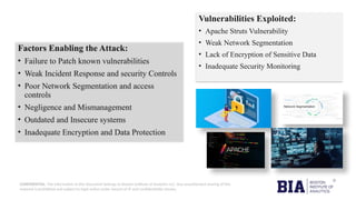 CONFIDENTIAL: The information in this document belongs to Boston Institute of Analytics LLC. Any unauthorized sharing of this
material is prohibited and subject to legal action under breach of IP and confidentiality clauses.
Factors Enabling the Attack:
• Failure to Patch known vulnerabilities
• Weak Incident Response and security Controls
• Poor Network Segmentation and access
controls
• Negligence and Mismanagement
• Outdated and Insecure systems
• Inadequate Encryption and Data Protection
Vulnerabilities Exploited:
• Apache Struts Vulnerability
• Weak Network Segmentation
• Lack of Encryption of Sensitive Data
• Inadequate Security Monitoring
 