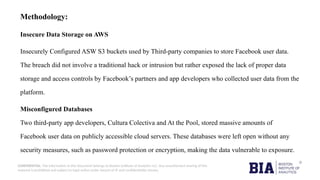 CONFIDENTIAL: The information in this document belongs to Boston Institute of Analytics LLC. Any unauthorized sharing of this
material is prohibited and subject to legal action under breach of IP and confidentiality clauses.
Methodology:
Insecure Data Storage on AWS
Insecurely Configured ASW S3 buckets used by Third-party companies to store Facebook user data.
The breach did not involve a traditional hack or intrusion but rather exposed the lack of proper data
storage and access controls by Facebook’s partners and app developers who collected user data from the
platform.
Misconfigured Databases
Two third-party app developers, Cultura Colectiva and At the Pool, stored massive amounts of
Facebook user data on publicly accessible cloud servers. These databases were left open without any
security measures, such as password protection or encryption, making the data vulnerable to exposure.
 