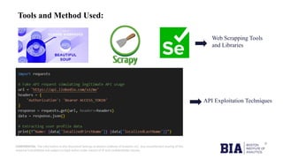 CONFIDENTIAL: The information in this document belongs to Boston Institute of Analytics LLC. Any unauthorized sharing of this
material is prohibited and subject to legal action under breach of IP and confidentiality clauses.
Tools and Method Used:
Web Scrapping Tools
and Libraries
API Exploitation Techniques
 