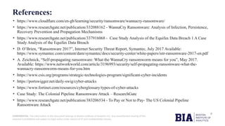 CONFIDENTIAL: The information in this document belongs to Boston Institute of Analytics LLC. Any unauthorized sharing of this
material is prohibited and subject to legal action under breach of IP and confidentiality clauses.
References:
• https://www.cloudflare.com/en-gb/learning/security/ransomware/wannacry-ransomware/
• https://www.researchgate.net/publication/332088162 - WannaCry Ransomware: Analysis of Infection, Persistence,
Recovery Prevention and Propagation Mechanisms
• https://www.researchgate.net/publication/337916068 - Case Study Analysis of the Equifax Data Breach 1 A Case
Study Analysis of the Equifax Data Breach
• D. O’Brien, “Ransomware 2017”, Internet Security Threat Report, Symantec, July 2017 Available:
https://www.symantec.com/content/dam/symantec/docs/security-center/white-papers/istr-ransomware-2017-en.pdf
• A. Zeichnick, “Self-propagating ransomware: What the WannaCry ransomworm means for you”, May 2017.
Available: https://www.networkworld.com/article/3196993/security/self-propagating-ransomware-what-the-
wannacry-ransomworm-means-for-you.htm
• https://www.csis.org/programs/strategic-technologies-program/significant-cyber-incidents
• https://portswigger.net/daily-swig/cyber-attacks
• https://www.fortinet.com/resources/cyberglossary/types-of-cyber-attacks
• Case Study: The Colonial Pipeline Ransomware Attack – ResearchGate
• https://www.researchgate.net/publication/383206534 - To Pay or Not to Pay- The US Colonial Pipeline
Ransomware Attack
 