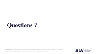 CONFIDENTIAL: The information in this document belongs to Boston Institute of Analytics LLC. Any unauthorized sharing of this
material is prohibited and subject to legal action under breach of IP and confidentiality clauses.
Questions ?
 