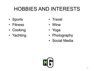 HOBBIES AND INTERESTSSportsFitness Cooking YachtingTravelWineYoga PhotographySocial Media12