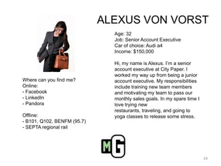 ALEXUS VON VORSTAge: 32Job: Senior Account ExecutiveCar of choice: Audi a4Income: $150,000Hi, my name is Alexus. I’m a senior account executive at City Paper. I worked my way up from being a junior account executive. My responsibilities include training new team members and motivating my team to pass our monthly sales goals. In my spare time I love trying new restaurants, traveling, and going to yoga classes to release some stress.Where can you find me?Online:- Facebook- LinkedIn- PandoraOffline:- B101, Q102, BENFM (95.7)- SEPTA regional rail24
