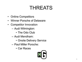 THREATSOnline CompetitorsWinner Porsche of DelawareCompetitor InnovationAudi Wilmington:The Odo ClubAudi Mendham: Onsite Delivery Service Paul Miller Porsche: Car Races9