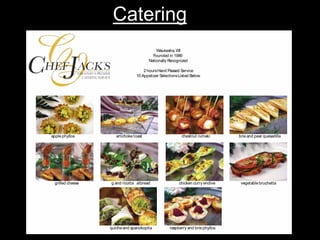 Catering
apple phyllos artichoke toast
grilled cheese g and ricotta atbread
chestnut rumaki
chicken curry endive
brie and pear quesadilla
vegetable bruchetta
quiche and spanokopita raspberry and brie phyllos
Waukesha,WI
Founded in 1986
Nationally Recognized
2 hoursHand Passed Service
10 Appetizer SelectionsListed Below
 