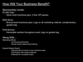 How Will Your Business Benefit?
Sponsorship Levels:
$1,000 Gold:
 Silver level incentives plus; 3 free VIP passes
$500 Silver:
 Bronze level incentives plus; Logo on all marketing material, complimentary
goodie bag
$100 Bronze:
 Honorable mention throughout event, logo on goodie bag
Along With…
Marketing Efforts:
-Continued partnership
-Social media relationship building
Expand Market Reach:
-Opportunities to reach a new customer base
-Connection with target audience
-Potential for increased reach
 