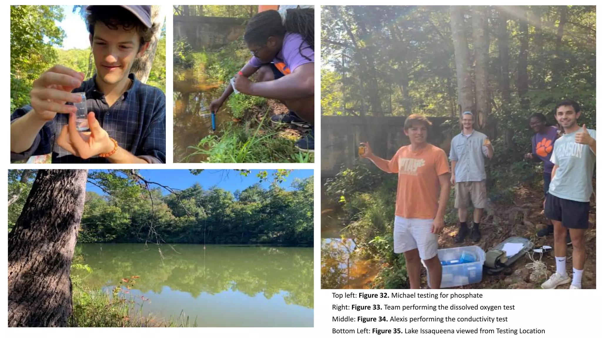 Top left: Figure 32. Michael testing for phosphate
Right: Figure 33. Team performing the dissolved oxygen test
Middle: Figure 34. Alexis performing the conductivity test
Bottom Left: Figure 35. Lake Issaqueena viewed from Testing Location
 