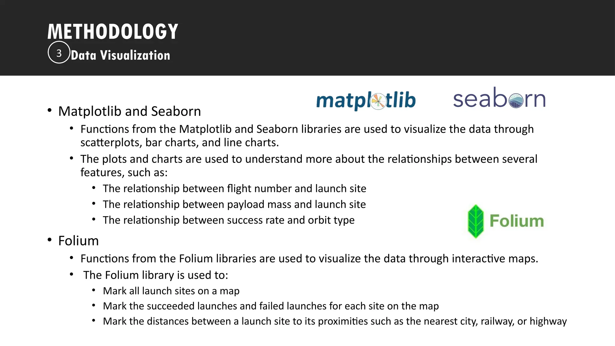 Outline
• Matplotlib and Seaborn
• Functions from the Matplotlib and Seaborn libraries are used to visualize the data through
scatterplots, bar charts, and line charts.
• The plots and charts are used to understand more about the relationships between several
features, such as:
• The relationship between flight number and launch site
• The relationship between payload mass and launch site
• The relationship between success rate and orbit type
• Folium
• Functions from the Folium libraries are used to visualize the data through interactive maps.
• The Folium library is used to:
• Mark all launch sites on a map
• Mark the succeeded launches and failed launches for each site on the map
• Mark the distances between a launch site to its proximities such as the nearest city, railway, or highway
METHODOLOGY
Data Visualization
3
 