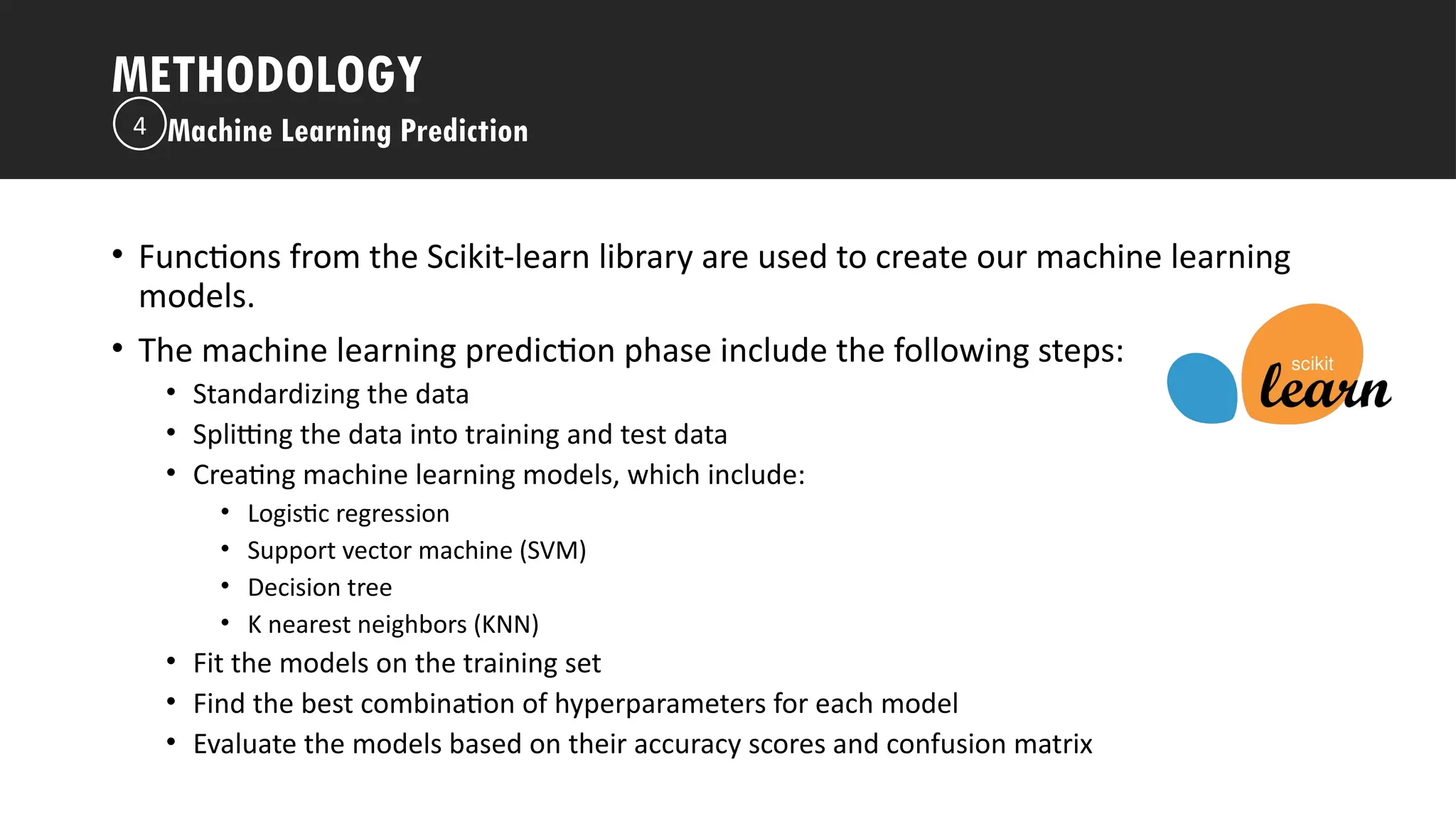 Outline
• Functions from the Scikit-learn library are used to create our machine learning
models.
• The machine learning prediction phase include the following steps:
• Standardizing the data
• Splitting the data into training and test data
• Creating machine learning models, which include:
• Logistic regression
• Support vector machine (SVM)
• Decision tree
• K nearest neighbors (KNN)
• Fit the models on the training set
• Find the best combination of hyperparameters for each model
• Evaluate the models based on their accuracy scores and confusion matrix
METHODOLOGY
Machine Learning Prediction
4
 